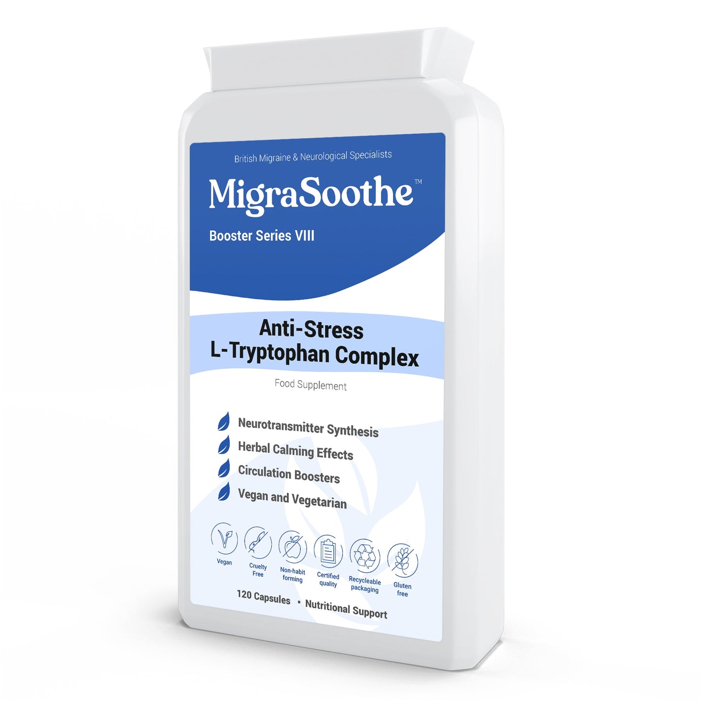 MigraSoothe L-Tryptophan Complex Booster Series VIII β Anti-Stress Formula for Migraine Calm and Relaxation β 120 Vegan Capsules