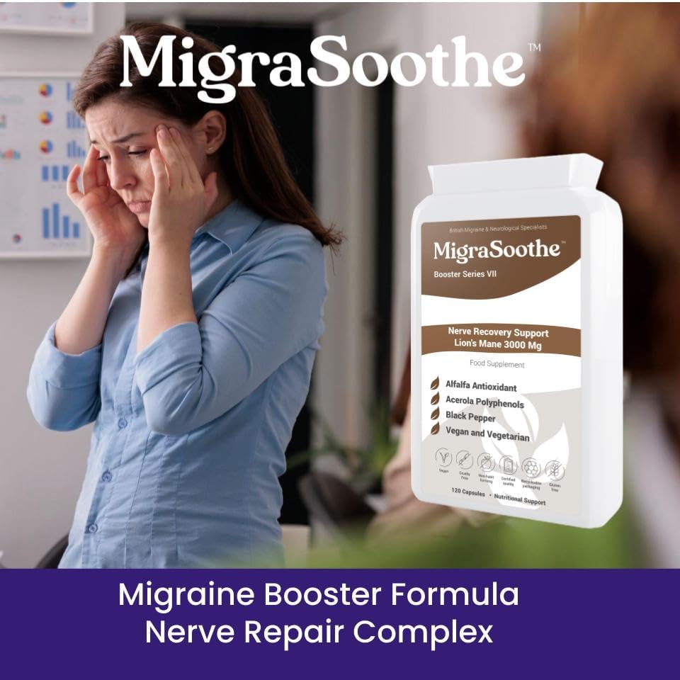 MigraSoothe Booster Series VII Lion's Mane 3000 Mg Nerve Recovery Support UK Made and Allergen Free - 120 Vegan Capsules