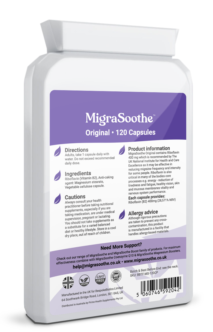 MigraSoothe Original| Riboflavin 400mg Caps | Riboflavin For Migraines | Vitamin B2 | Purple Standard Formula