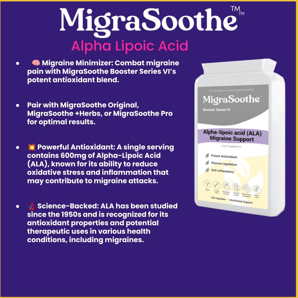 Image of a bottle of MigraSoothe Booster Series VI capsules containing Alpha Lipoic Acid, designed for migraine relief."