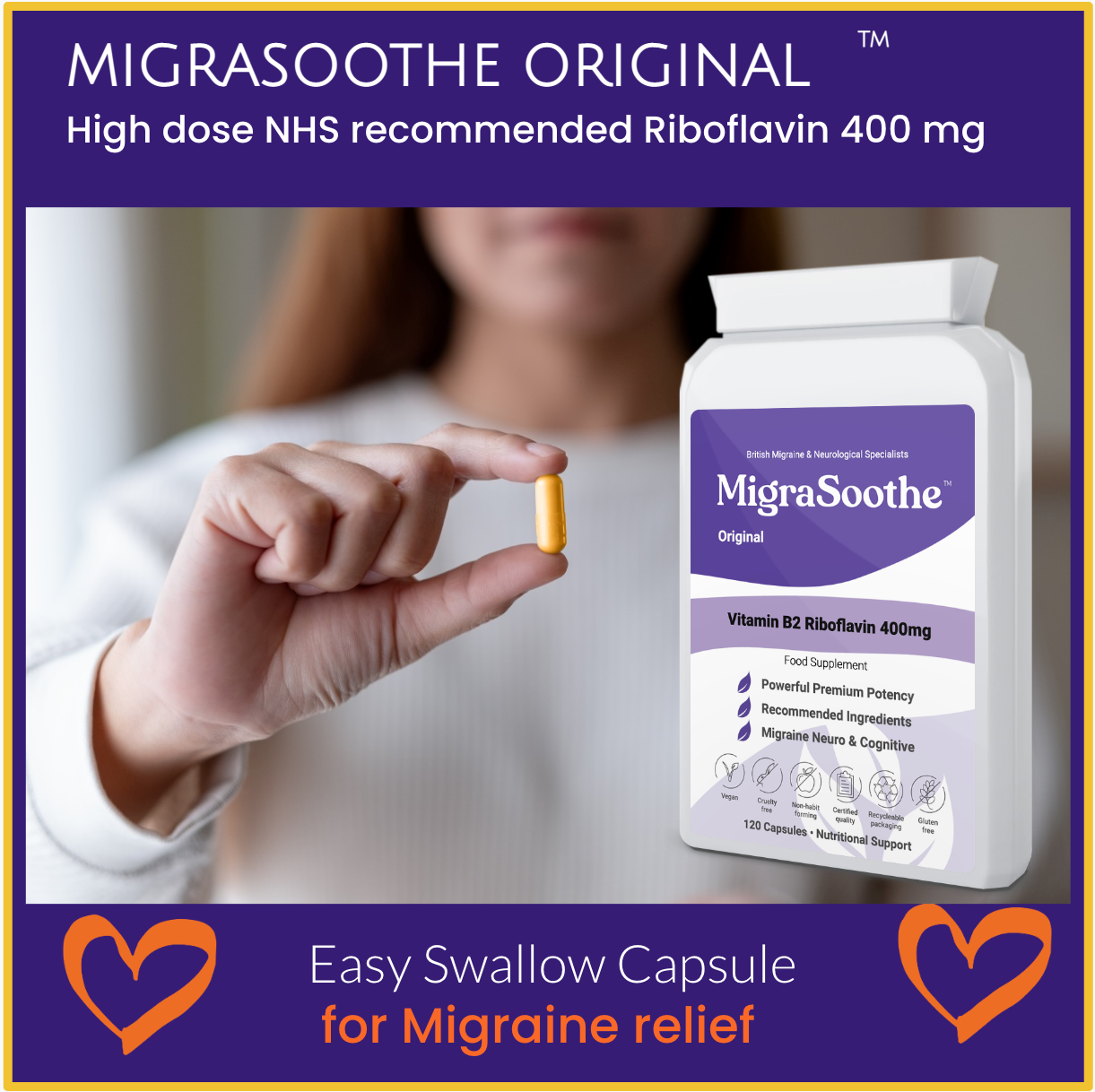 MigraSoothe Original| Riboflavin 400mg Caps | Riboflavin For Migraines | Vitamin B2 | Purple Standard Formula
