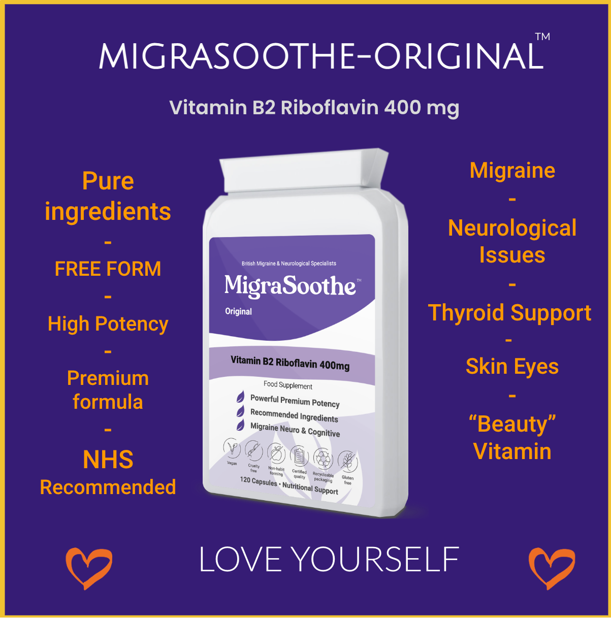 MigraSoothe Original| Riboflavin 400mg Caps | Riboflavin For Migraines | Vitamin B2 | Purple Standard Formula