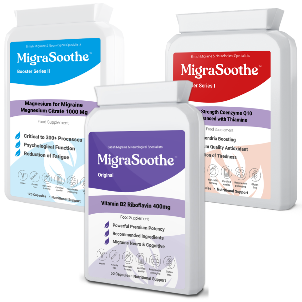 The flat rectangular MigraSoothe Original riboflavin, blue Magnesium and red CoQ10 bottles together.
