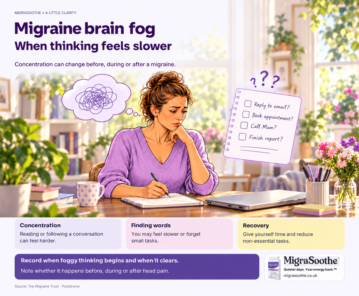 Migraine brain fog: When thinking feels slower. Concentration can change before, during or after a migraine. Jennifer illustrates the issue, with three explanatory cards and a MigraSoothe Original branding panel.