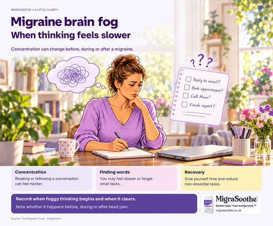 Migraine brain fog: When thinking feels slower. Concentration can change before, during or after a migraine. Jennifer illustrates the issue, with three explanatory cards and a MigraSoothe Original branding panel.