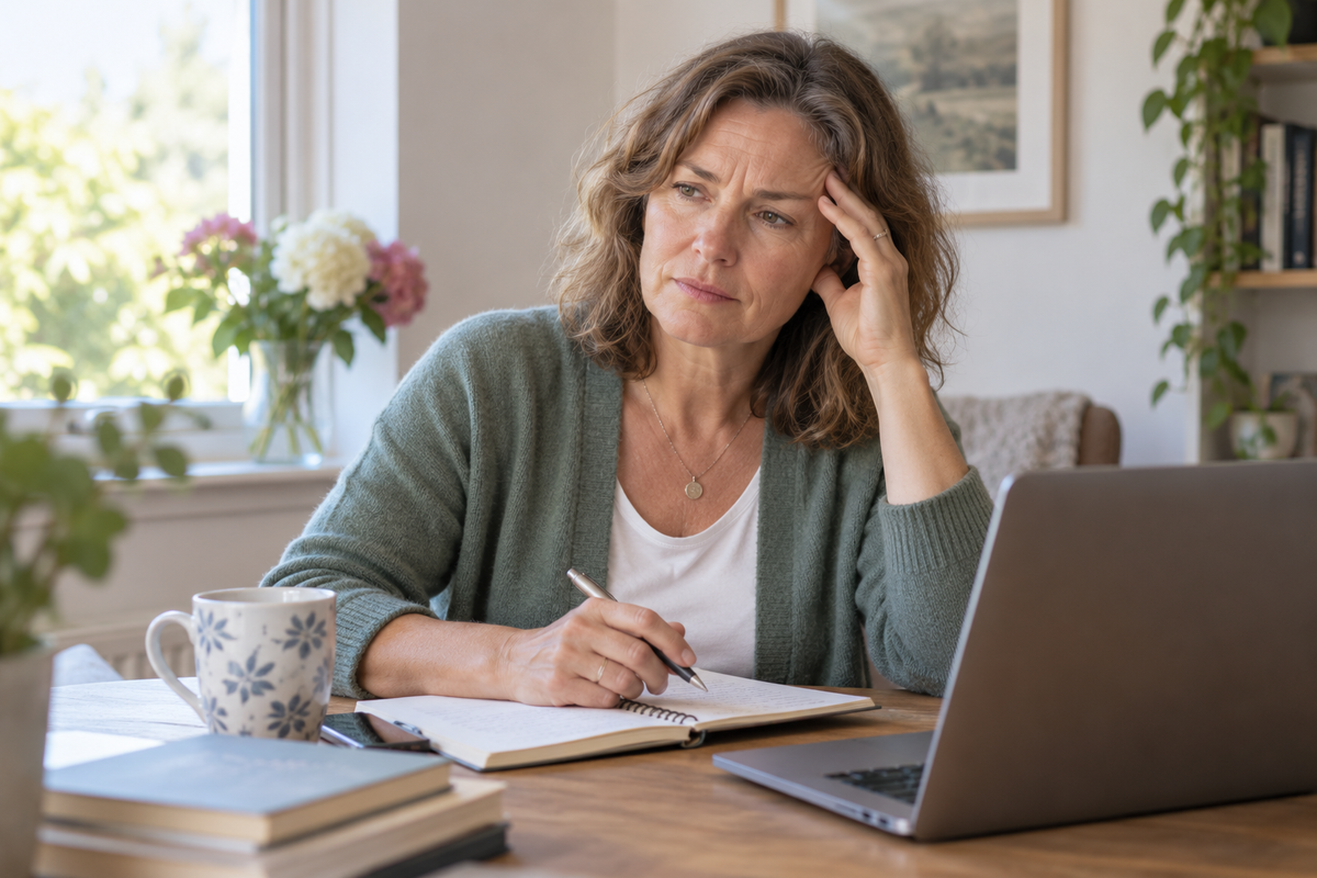A middle-aged woman pauses at her desk with a distracted expression, illustrating difficulty concentrating.