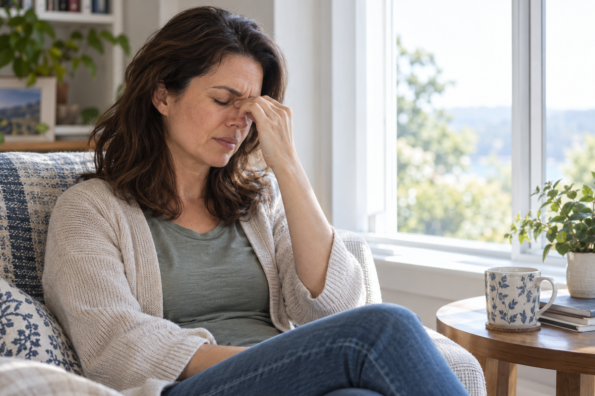 A woman turns away from bright window light with her eyes closed, illustrating visual discomfort and light sensitivity.