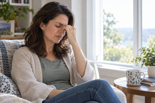 A woman turns away from bright window light with her eyes closed, illustrating visual discomfort and light sensitivity.