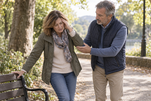 A middle-aged woman pauses unsteadily beside a park bench while a man offers a supporting hand, illustrating dizziness associated with vestibular migraine.