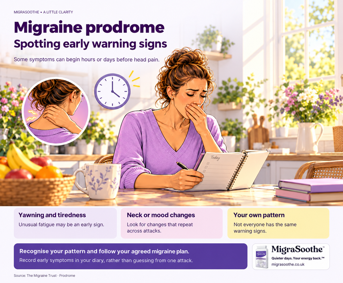 Migraine prodrome: Spotting early warning signs. Some symptoms can begin hours or days before head pain. Jennifer illustrates the issue, with three explanatory cards and a MigraSoothe Original branding panel.