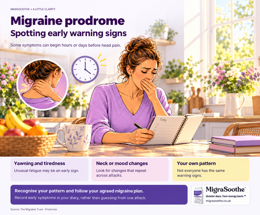 Migraine prodrome: Spotting early warning signs. Some symptoms can begin hours or days before head pain. Jennifer illustrates the issue, with three explanatory cards and a MigraSoothe Original branding panel.