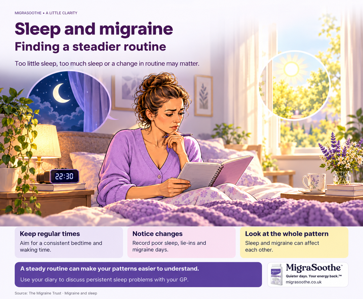 Sleep and migraine: Finding a steadier routine. Too little sleep, too much sleep or a change in routine may matter. Jennifer illustrates the issue, with three explanatory cards and a MigraSoothe Original branding panel.