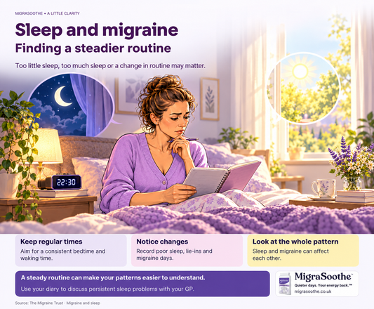 Sleep and migraine: Finding a steadier routine. Too little sleep, too much sleep or a change in routine may matter. Jennifer illustrates the issue, with three explanatory cards and a MigraSoothe Original branding panel.