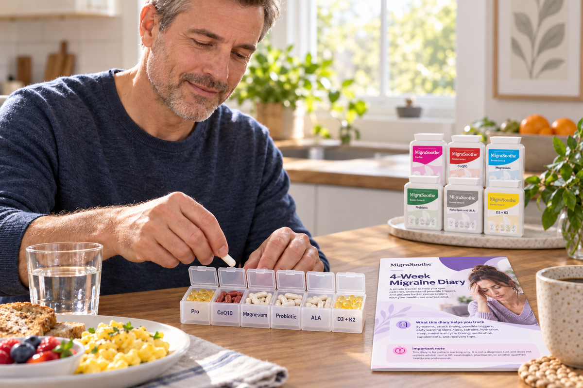 A man organises his supplement routine at breakfast beside water and the MigraSoothe 4-Week Migraine Diary.