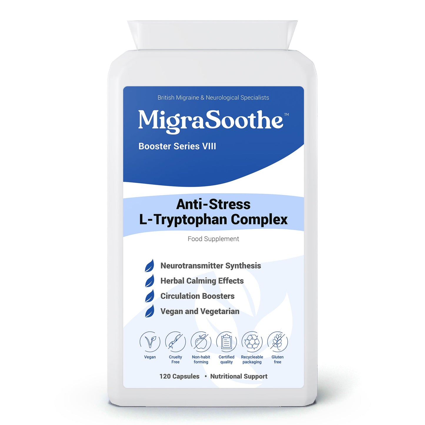 MigraSoothe L-Tryptophan Complex Booster Series VIII – Anti-Stress Formula for Migraine Calm and Relaxation – 120 Vegan Capsules