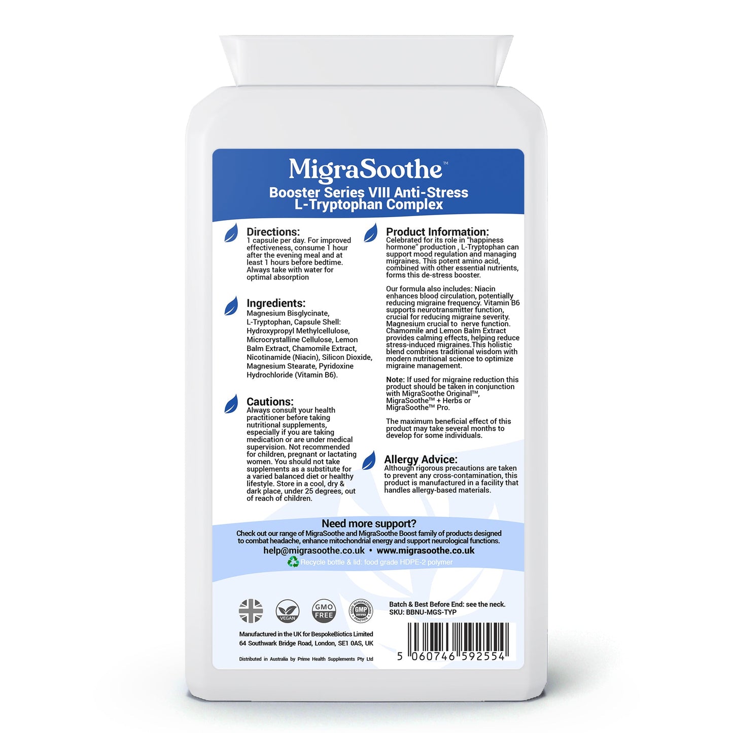MigraSoothe L-Tryptophan Complex Booster Series VIII – Anti-Stress Formula for Migraine Calm and Relaxation – 120 Vegan Capsules