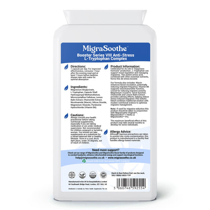 MigraSoothe L-Tryptophan Complex Booster Series VIII – Anti-Stress Formula for Migraine Calm and Relaxation – 120 Vegan Capsules