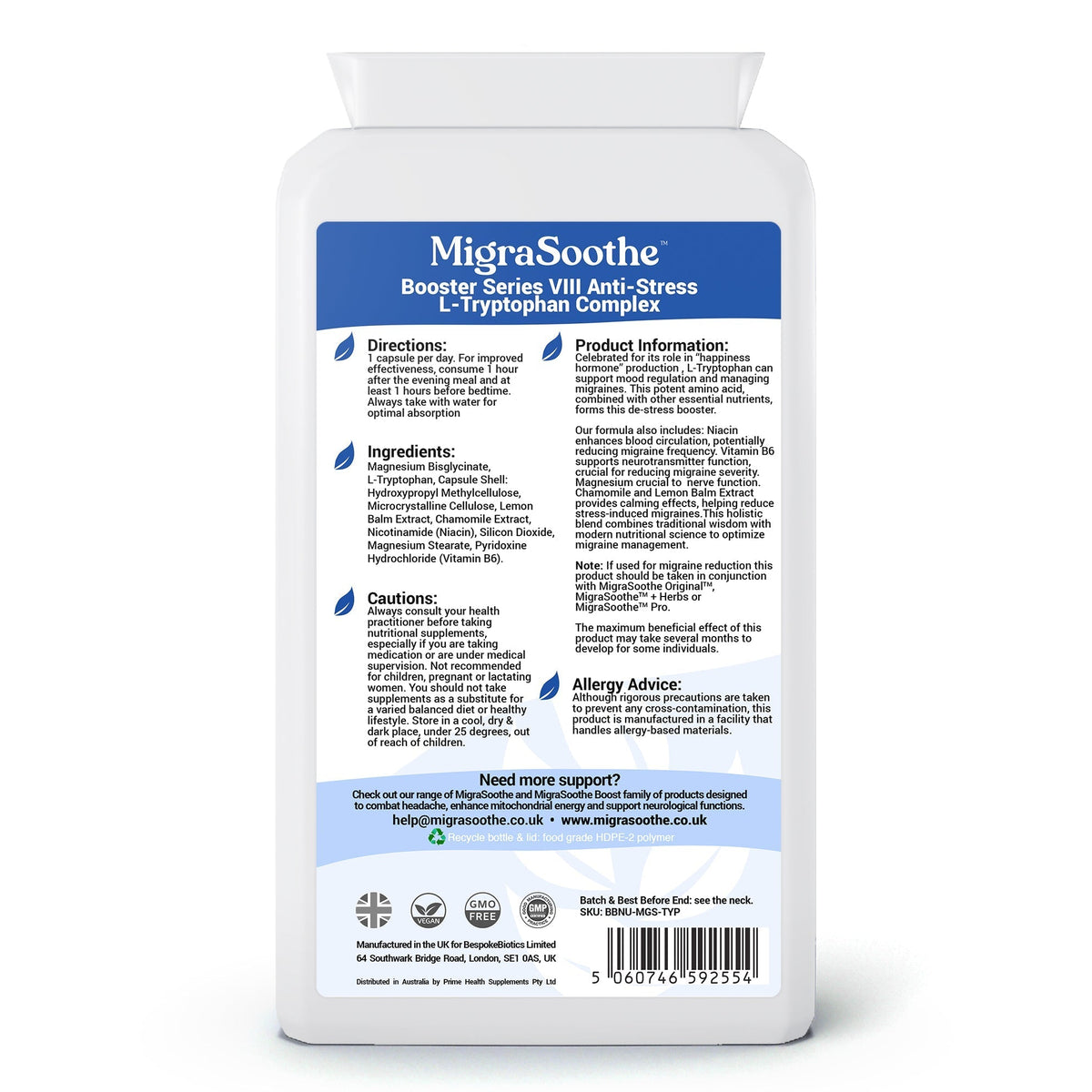 MigraSoothe L-Tryptophan Complex Booster Series VIII – Anti-Stress Formula for Migraine Calm and Relaxation – 120 Vegan Capsules — product label and information