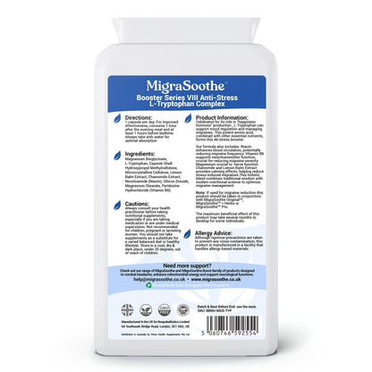 MigraSoothe L-Tryptophan Complex Booster Series VIII – Anti-Stress Formula for Migraine Calm and Relaxation – 120 Vegan Capsules — product label and information