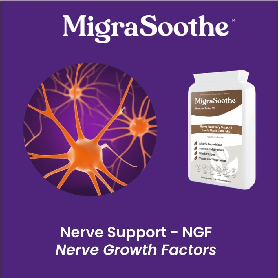 MigraSoothe Booster Series VII Lion's Mane 3000 Mg  Nerve Recovery Support   UK Made and Allergen Free - 120 Vegan Capsules