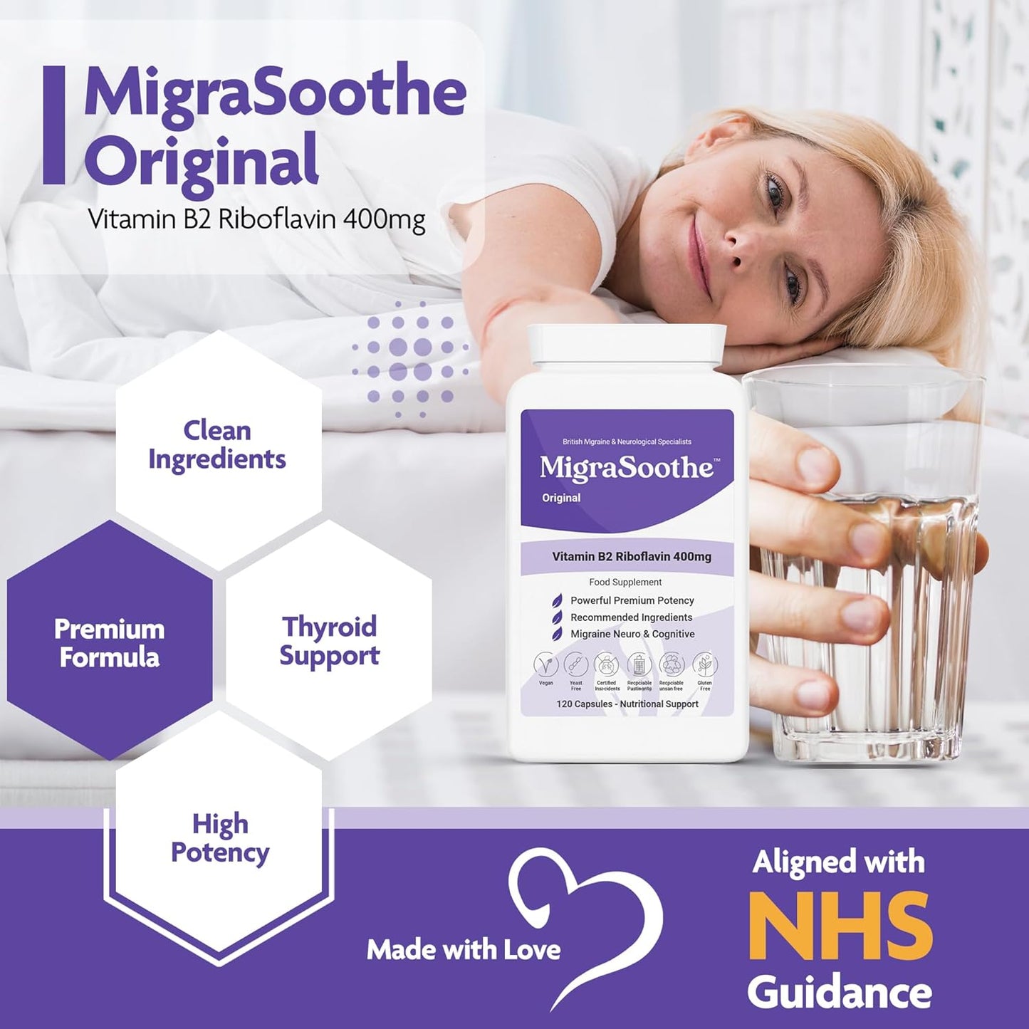 MigraSoothe Original| Riboflavin 400mg Caps | Riboflavin For Migraines | Vitamin B2 | Purple Standard Formula