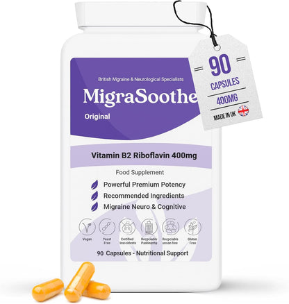 MigraSoothe Original riboflavin 400 mg bottle with purple label