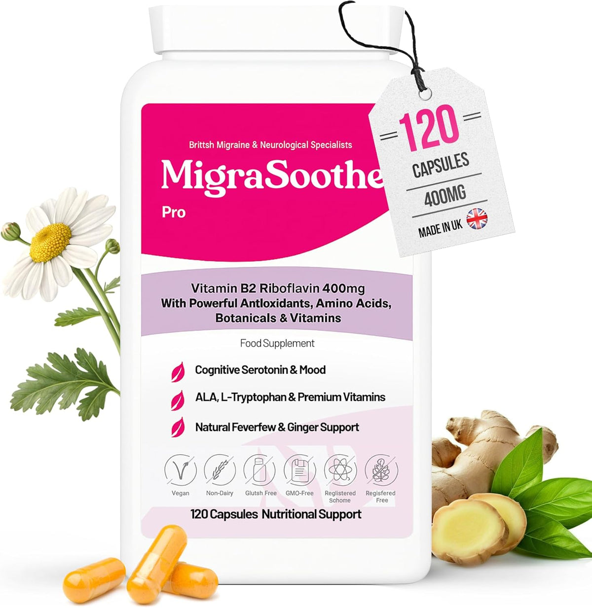 MigraSoothe Pro bottle with pink label, feverfew flowers and ginger
