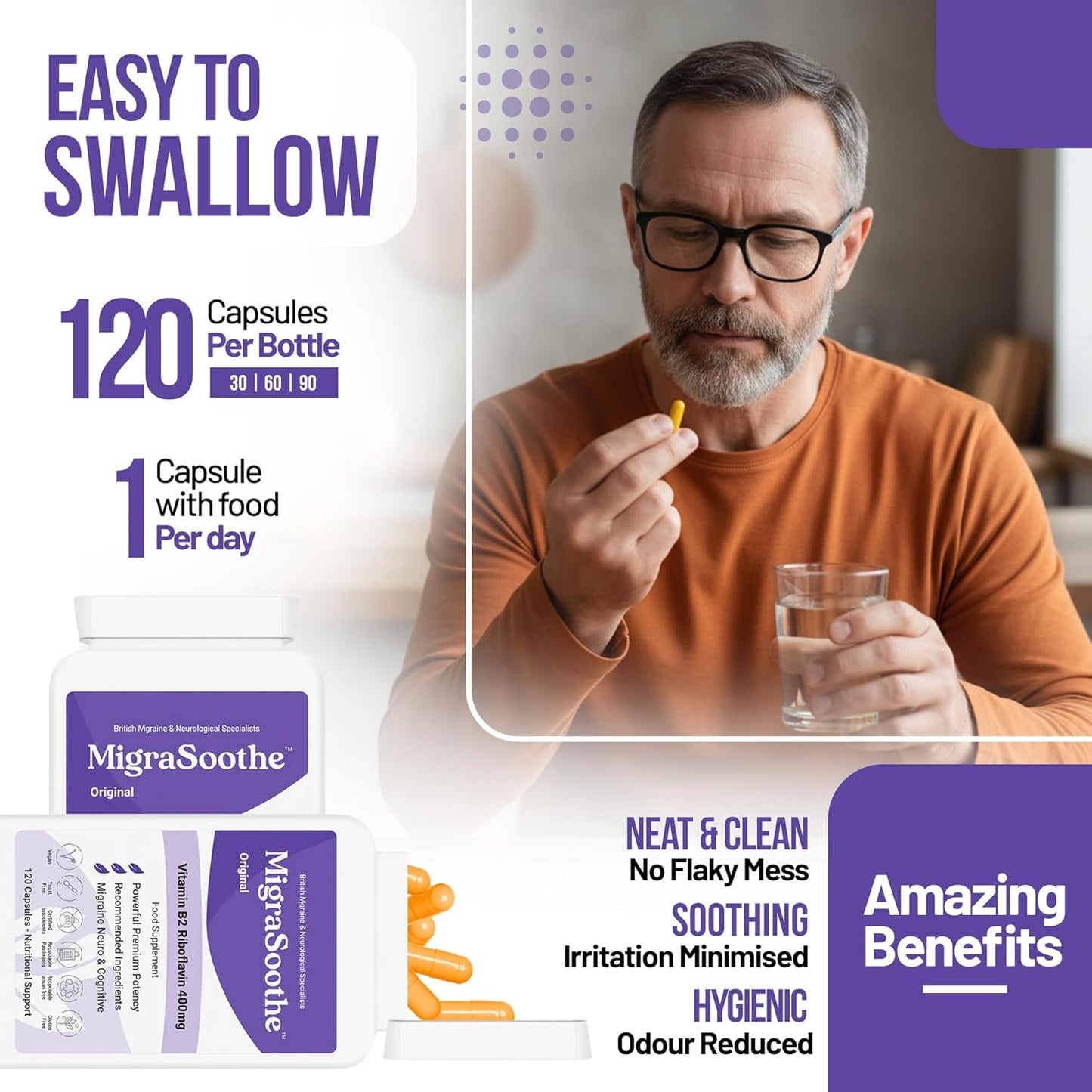 MigraSoothe Original| Riboflavin 400mg Caps | Riboflavin For Migraines | Vitamin B2 | Purple Standard Formula