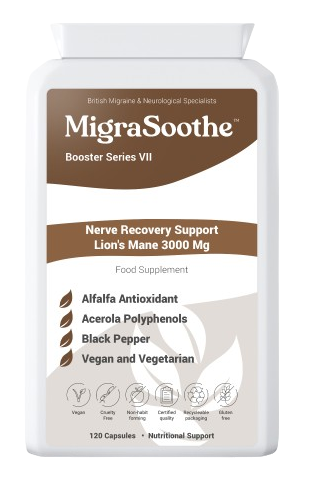 MigraSoothe Booster Series VII Lion's Mane 3000 Mg  Nerve Recovery Support   UK Made and Allergen Free - 120 Vegan Capsules — product label and information