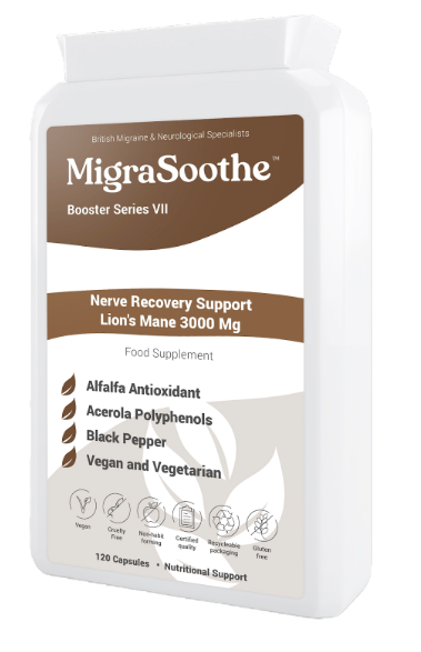 MigraSoothe Lion’s Mane bottle with brown label