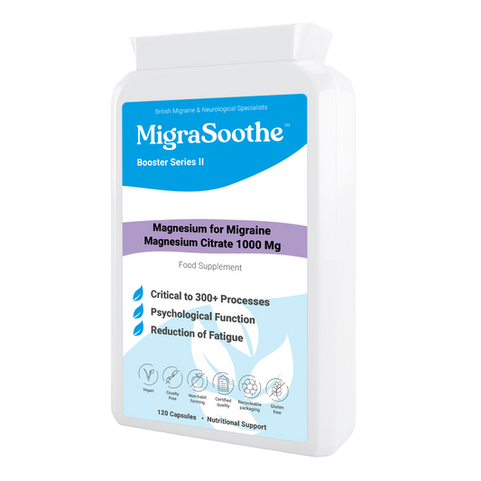 MigraSoothe Booster Series II supplement bottle featuring magnesium citrate for migraine relief, 1000 mg. The label highlights key benefits such as support for over 300 bodily processes, psychological function, and fatigue reduction. It is vegan, dairy-free, non-GMO, certified quality, with recyclable packaging and gluten-free. Contains 120 capsules, labeled as ‘Nutritional Support