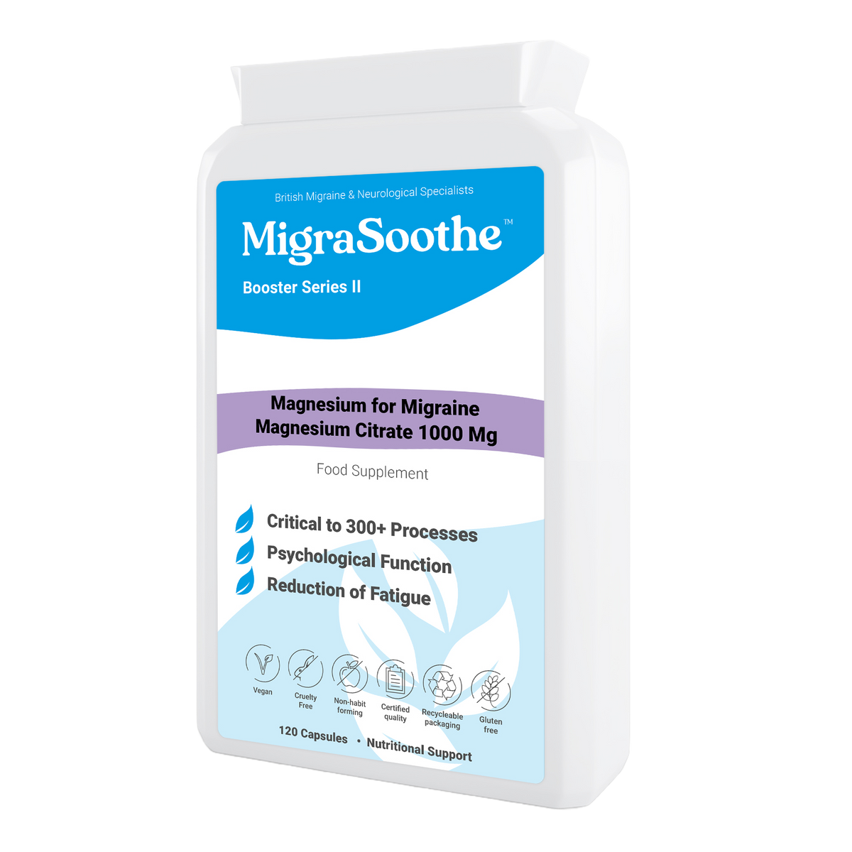 MigraSoothe Magnesium Booster bottle with blue label