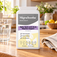 Ala Oak: MigraSoothe bottle or pack on an oak table in a natural home setting.