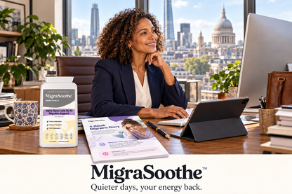 A Black British professional woman working at her London office desk beside an ALA bottle, iPad, bag and the approved four-week MigraSoothe migraine diary.