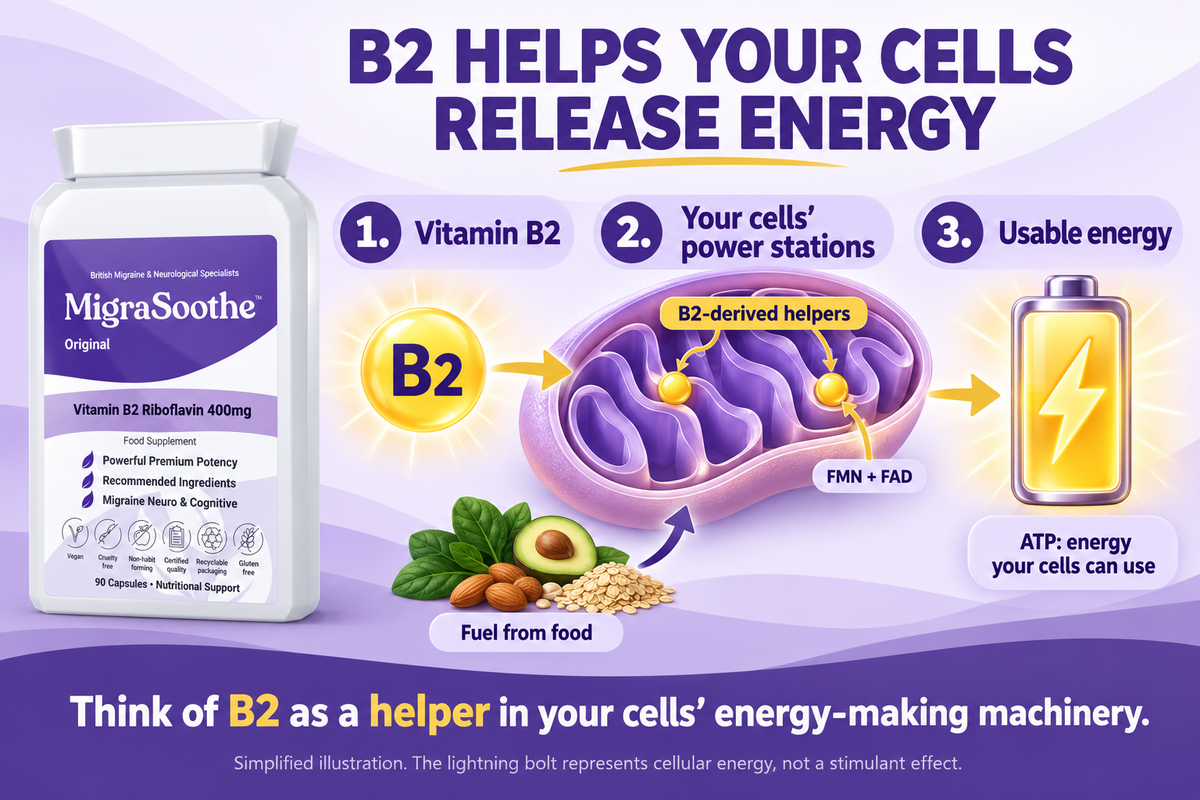 Vitamin B2 becomes FMN and FAD helpers in mitochondrial energy processes. Food supplies fuel; mitochondria help produce ATP, usable cellular energy. Simplified diagram with gold helper markers and a battery symbol.
