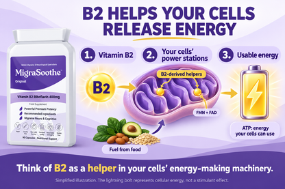 Vitamin B2 becomes FMN and FAD helpers in mitochondrial energy processes. Food supplies fuel; mitochondria help produce ATP, usable cellular energy. Simplified diagram with gold helper markers and a battery symbol.
