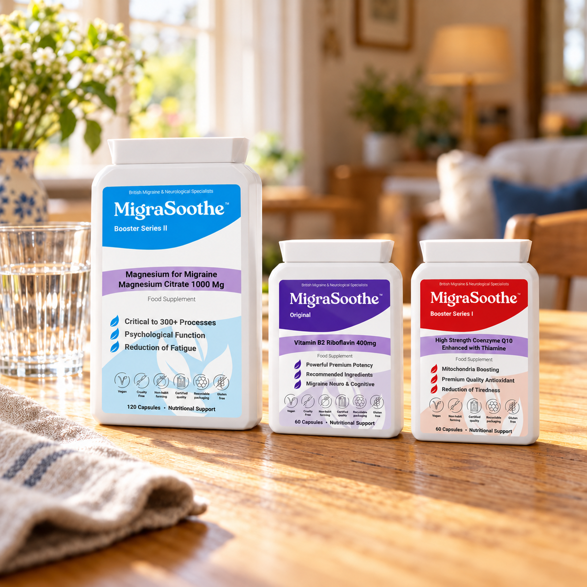 MigraSoothe Complete on an oak table: equally sized purple Original and red CoQ10 bottles beside the larger blue magnesium bottle.