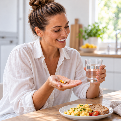 The MigraSoothe homepage woman holding a yellow riboflavin capsule and beige CoQ10 capsule with water at breakfast.