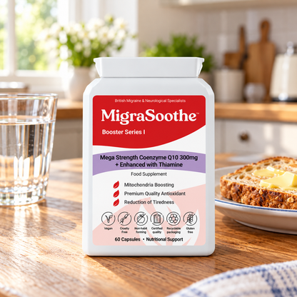 Coq10 Oak: MigraSoothe bottle or pack on an oak table in a natural home setting.