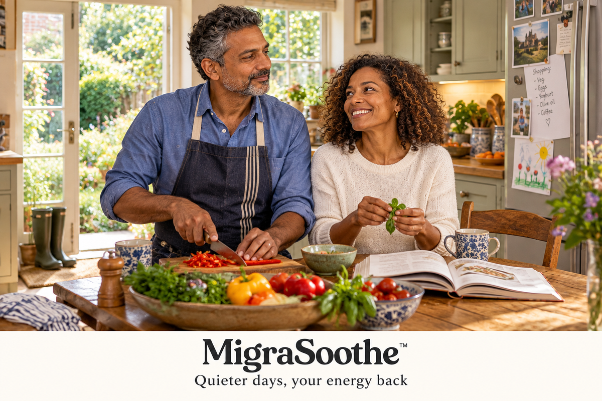 The same couple cooking together in their lived-in English kitchen.