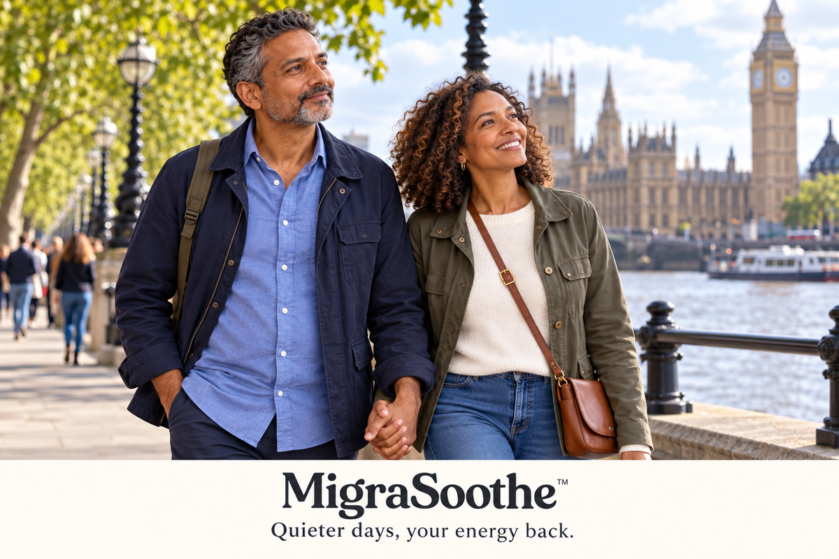 The same Indian man and Black British wife walking together beside the River Thames in London.