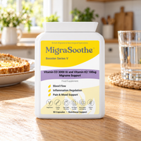 MigraSoothe Vitamin D3 and K2 bottle on a warm oak breakfast table beside buttered toast and water.