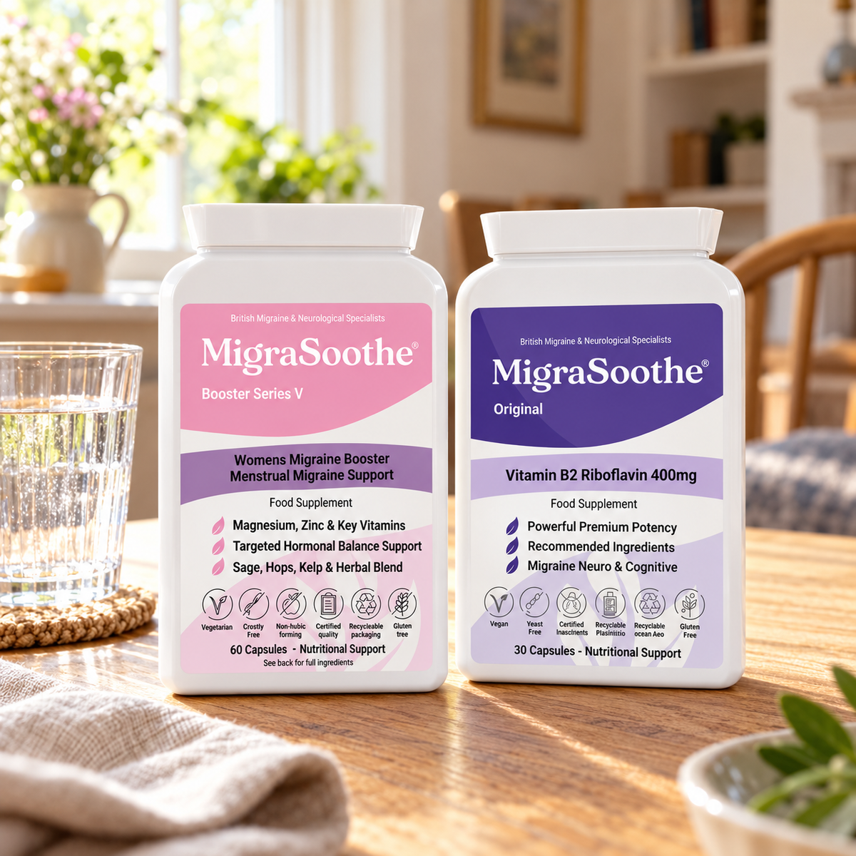 Duo Oak: MigraSoothe bottle or pack on an oak table in a natural home setting.