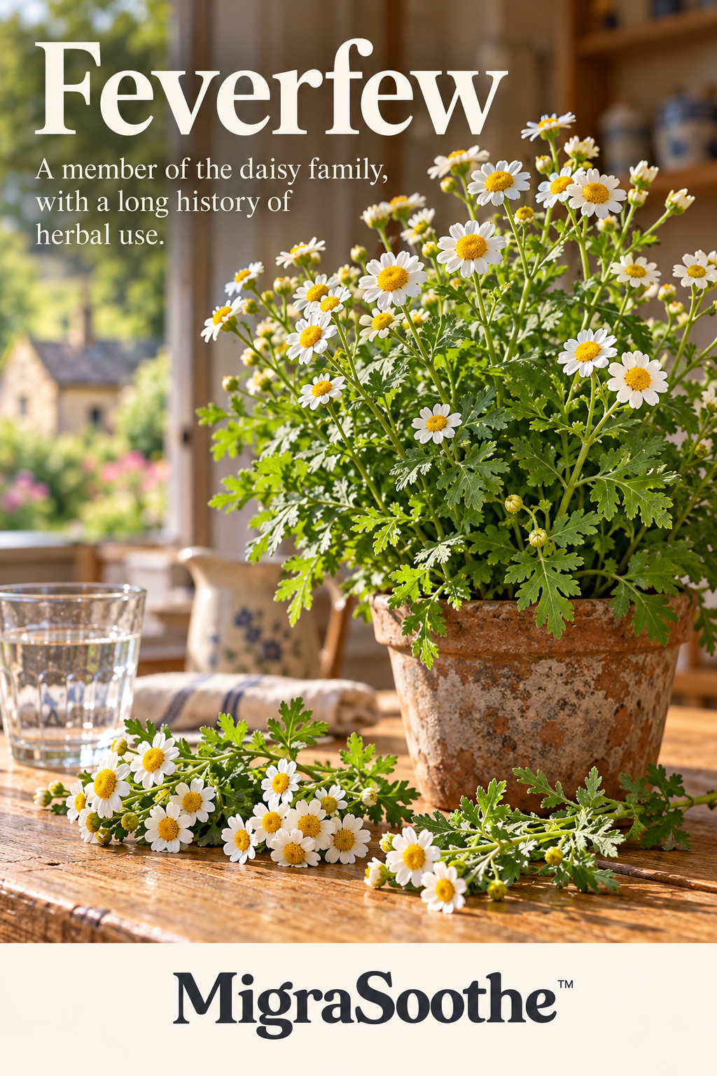 Close-up of feverfew flowers and leaves on an oak table: a member of the daisy family with a long herbal history.