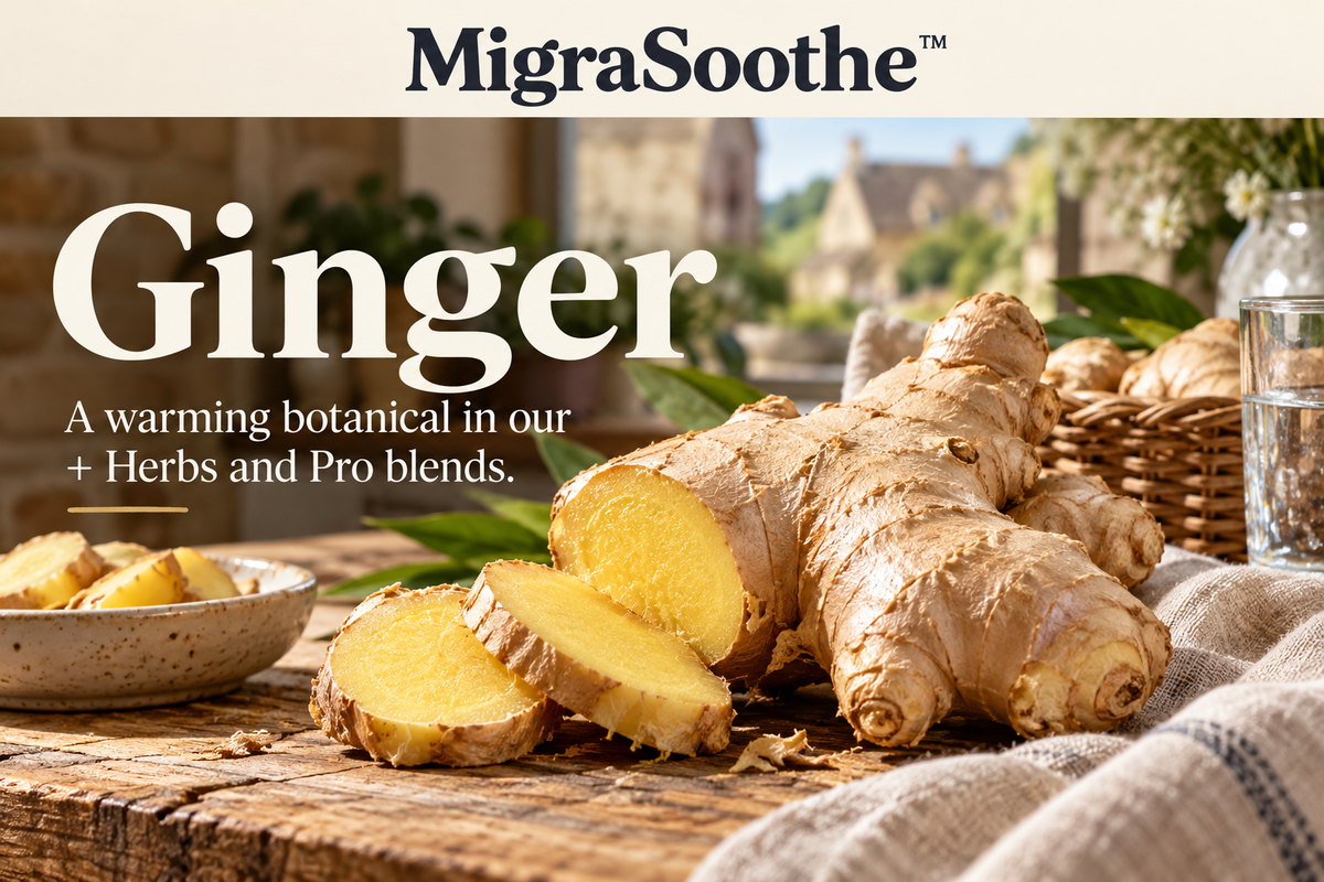 Fresh ginger root and golden cut slices on an oak table: a botanical in the + Herbs and Pro blends.