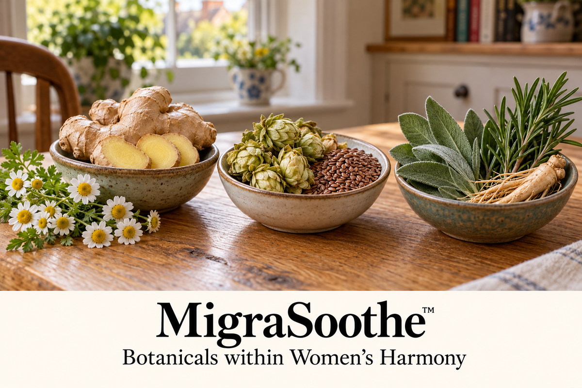 Ginger, feverfew, hops, flaxseed, sage, rosemary and ginseng in ceramic bowls on oak: botanicals within Women’s Harmony.