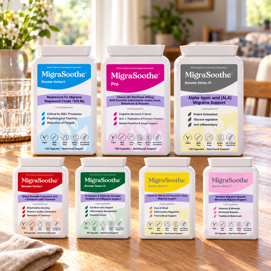 Harmony Oak Corrected: MigraSoothe bottle or pack on an oak table in a natural home setting.