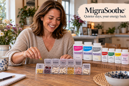 The Harmony model with one continuous seven-compartment organiser labelled Pro, CoQ10, probiotic, ALA, D3/K2, Women’s Booster and magnesium — evening.