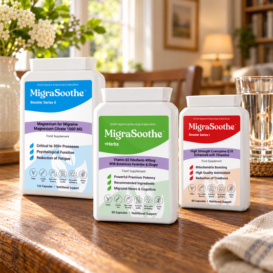 Herbal Complete Oak: MigraSoothe bottle or pack on an oak table in a natural home setting.