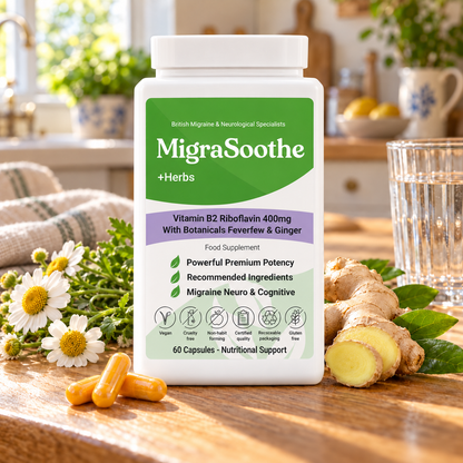 Herbs Oak: MigraSoothe bottle or pack on an oak table in a natural home setting.